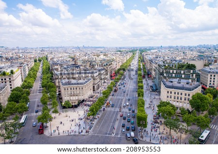 Paris. View of city streets at Etoile roundabout. Aerial panoramic from Triumph Arc.