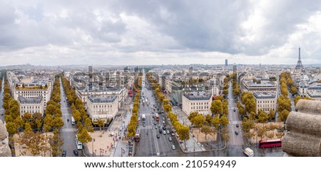 View of Paris southwestern side from Triumph Arc, City streets from Etoile roundabout.