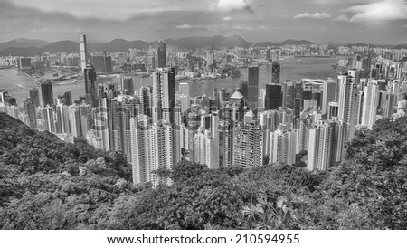 Panoramic view of Hong Kong from Victoria Peak on a sunny afternoon.