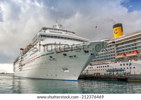 NASSAU, BAHAMAS - CIRCA FEBRUARY, 2012: Cruise ships docked at the Bahamas port of call. Most cruise lines include the islands of the Bahamas as a destination point on their itineraries