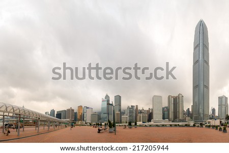 Cloudy sky in Hong Kong. City skyline from Central Ferry Pier.