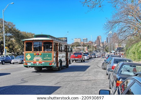 AUSTIN, TX - MAR 14: Traffic in city streets, March 14, 2008 in Austin. The city has congested traffic and is promoting carpooling and vanpooling.