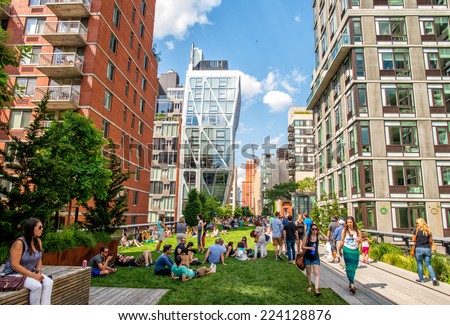 NEW YORK CITY - MAY 24, 2013: The High Line Park in Manhattan. The High Line is a popular linear park built on the elevated train tracks above Tenth Ave in New York City