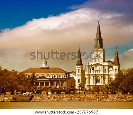 Sunset over New Orleans. Beautiful view of St Louis Cathedral.