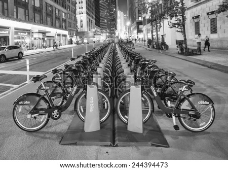 NEW YORK CITY - MAY 24: New blue Citi Bikes lined up near Herald Square station on May 24, 2013. The Bike-Share program begins on Memorial Day