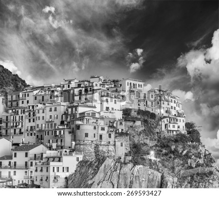 Black and white scenic view of Cinque Terre. Five Lands, Italy.
