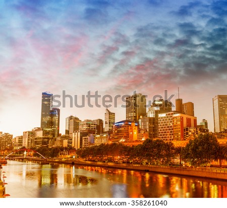 Skyline of Melbourne at dusk time, Australia.