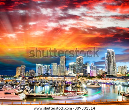 Sunset over Miami, Florida. Wonderful cityscape at dusk.
