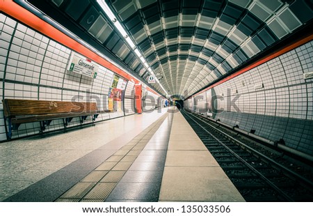 HAMBURG, GERMANY - SEPT. 16: subway station in the city center is completely empty on September 16, 2012 in Hamburg. Sundays the U3 line has not that many passengers in the business district.