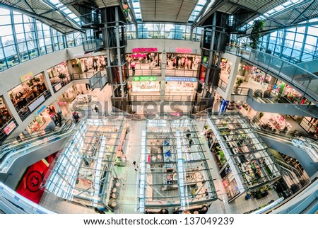 HAMBURG, GERMANY - APRIL 13: shopping center in a Sunday morning. The picture shows shops of every type viewed from the top of the shopping center on April 13, 2013 in Hamburg