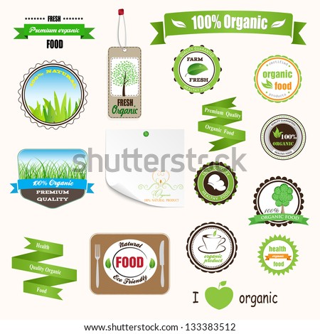 Set of labels logos and stickers on organic and natural food Set of labels logos and stickers on organic and natural food