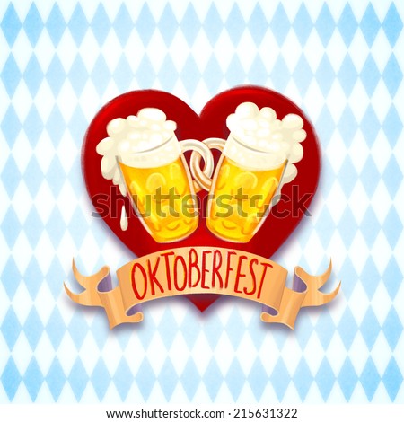 Oktoberfest logo with two beer mugs on traditional blue diamond pattern.