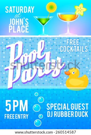 Pool party flyer template featuring cocktails, pool tile, bubbles and a rubber duck. Vector illustrattion.