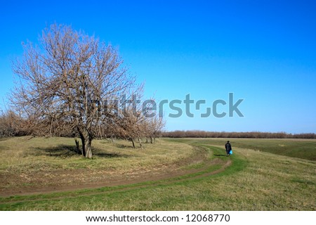 landscape with rural road and walking man at early spring