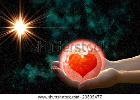 abstract love planet in woman hands against open cosmos space