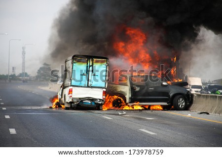 small truck with Truck caps car explosive car crash and catch fire on motorway
