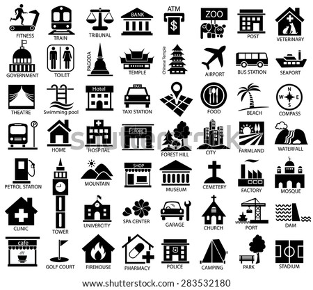 map symbol icon set, place of government, official, religious, cabaret, public health, travel, transport, relaxation, museum, airport, hospital, station, park, academy, gas station, stadium, city, dam
