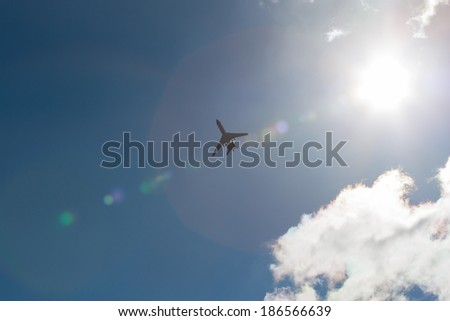 Pictured on the plane in flight against the blue sky and bright sun.