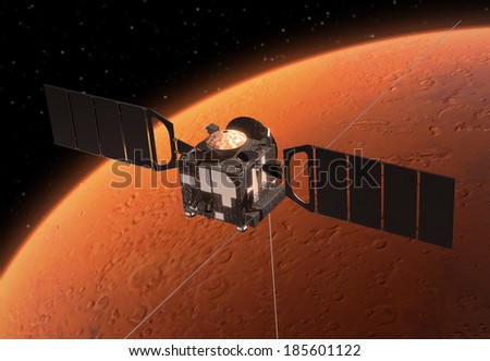 Spacecraft Orbiting Red Planet. 3D Scene. Elements of this image furnished by NASA.