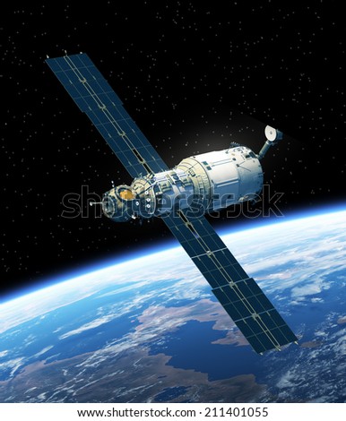 Space Station In Space. 3D Scene. Elements of this image furnished by NASA.