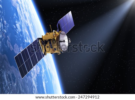 Satellite In The Ray Of Light. 3D Scene. Elements of this image furnished by NASA.