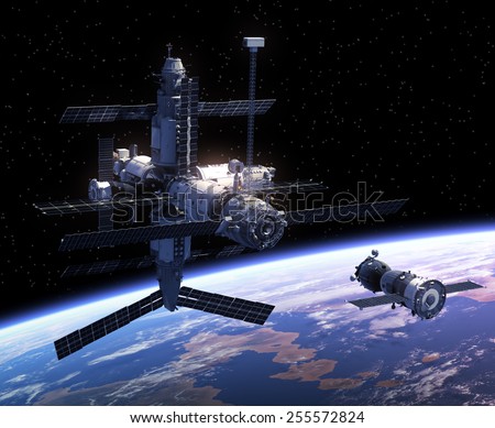 Spacecraft And Space Station. 3D Scene. Elements of this image furnished by NASA.