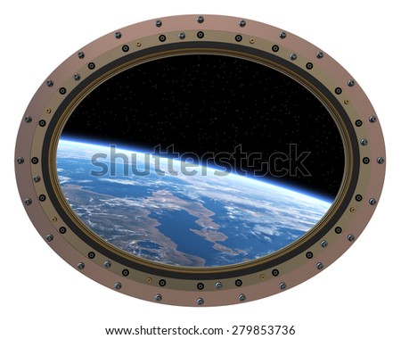Futuristic Space Station Porthole. View From Space. 3D Scene.