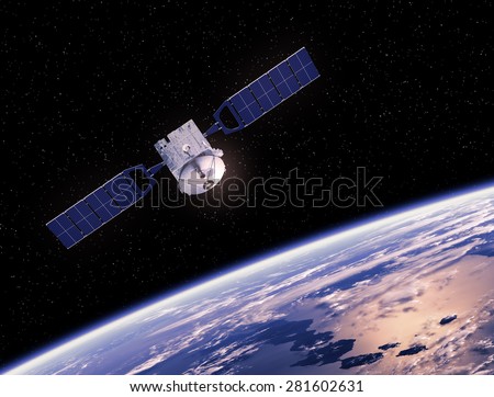 Satellite Orbiting Earth. 3D Scene.