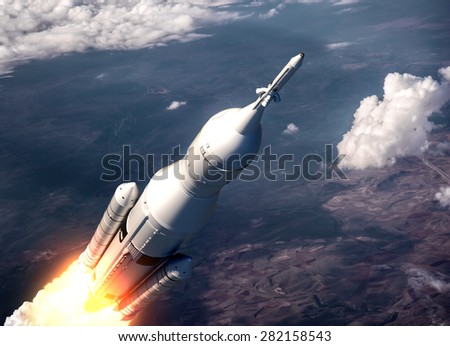 Space Launch System Flying Over The Clouds. 3D Scene.