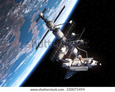 Space Shuttle And Space Station. 3D Scene.