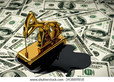Golden Pumpjack And Spilled Oil On The Money. 3D Scene.