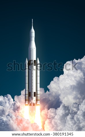 Space Launch System Takes Off In The Clouds. 3D Scene.