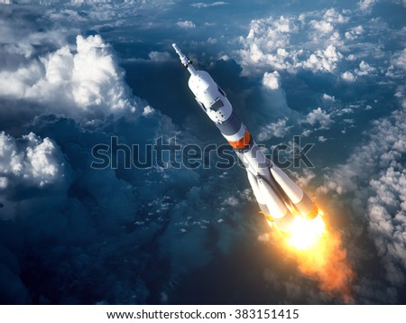 Carrier Rocket Launch In The Clouds. 3D Scene.