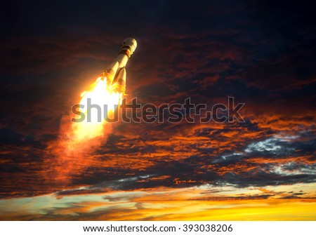Carrier Rocket Takes Off On A Background Of Red Clouds. 3D Scene.