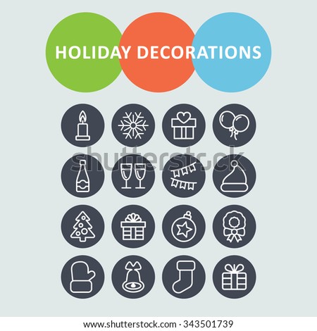 Christmas decoration icons. Holiday icons. Celebration icons. Winter holiday. Christmas pictogram. Holiday pictogram.
