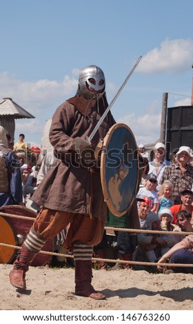 TOBOLSK, RUSSIA - JULY 6:  Unidentified participant in medieval fight at a historical reenactment festival \
