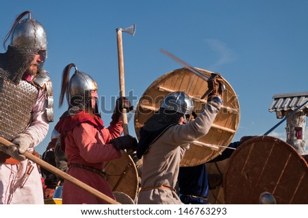 TOBOLSK, RUSSIA - JULY 6:  Unidentified participants in medieval fight at a historical reenactment festival \