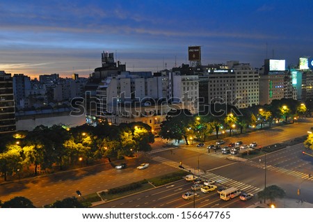 BUENOS AIRES, ARGENTINA-JAN 19: 9 de Julio Avenue at night on Jan19,2011, in Buenos Aires. 9 de Julio Avenue is the widest avenue in the world. Its name honors Argentina's Independence Day,July 9,1816