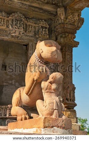 Sculpture of lion and woman. Western temples of Khajuraho. Madhya Pradesh. India. Built around 950-1050