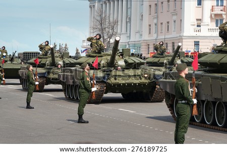 NIZHNY NOVGOROD, RUSSIA - MAY 4, 2015: Military vehicles on rehearsal of Military Parade commemorating the 70th anniversary Victory on Pozharsky and Minin Square