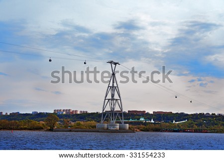 Cable railway above Volga river. Nizhny Novgorod cable car line features a 3661m long cable car system connecting the city of Nizhny Novgorod and the town of Bor
