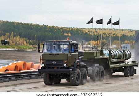 Nizhny Tagil, Russia - Sept 11, 2015:  Missile Transporter 5T58 at firing range. Display of fighting opportunities of arms and military equipment of land forces on 10 Russia Arms Expo