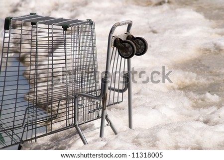 An abandoned shopping cart stuck in the ice