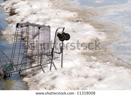 An abandoned shopping cart stuck in the ice of a river