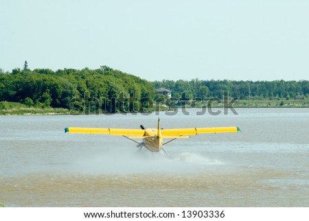 A water plane cruising along the river about to take off