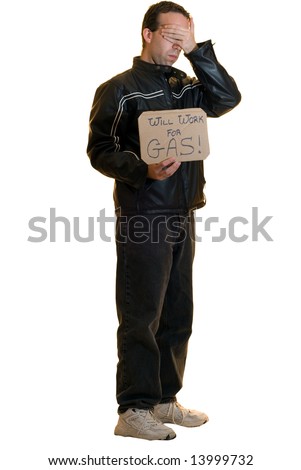 A young man begging for gas looks embarrassed having to do so