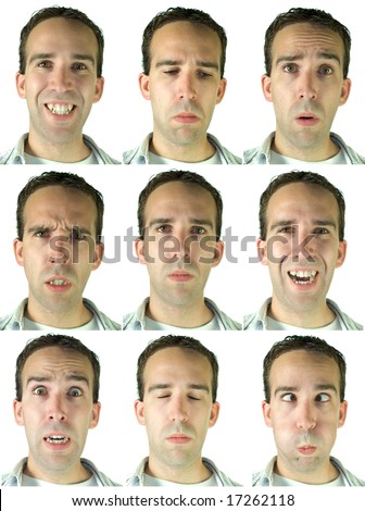 Collection Of Facial Expressions, Isolated On A White Background Stock 