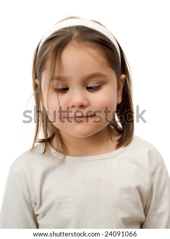 Closeup view of a cross eyed girl, isolated against a white background