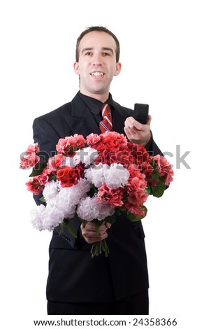 A young man asking someone to marry him, isolated against a white background
