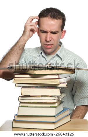 A confused student scratching his head as he tries to study his notes, isolated against a white background